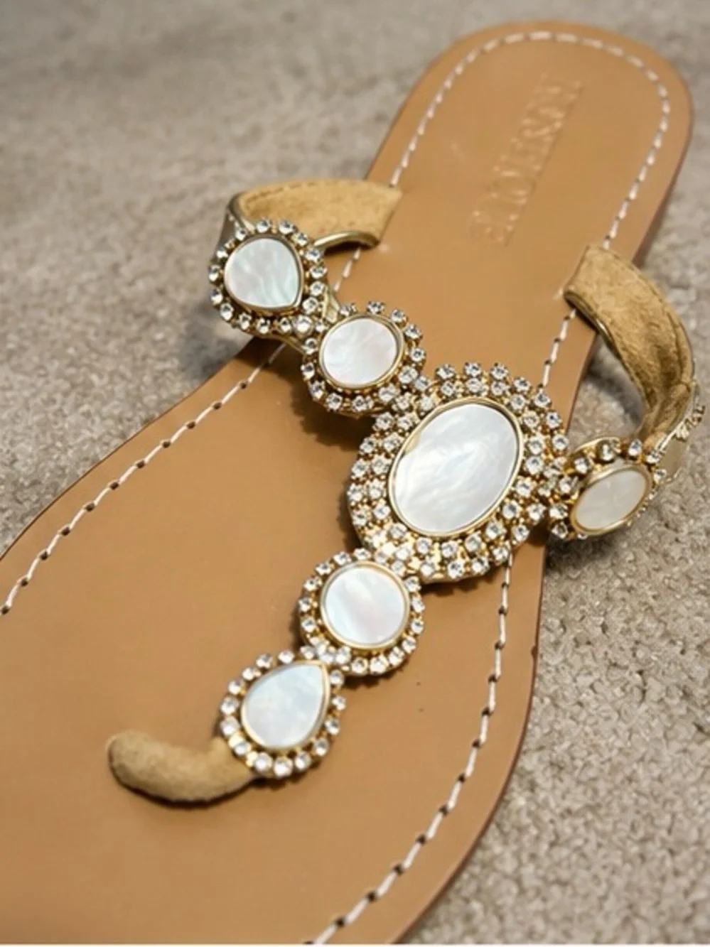 Mystique Embellished Gold Thong Sandals | Rhinestone Shell Accent | Sz 8